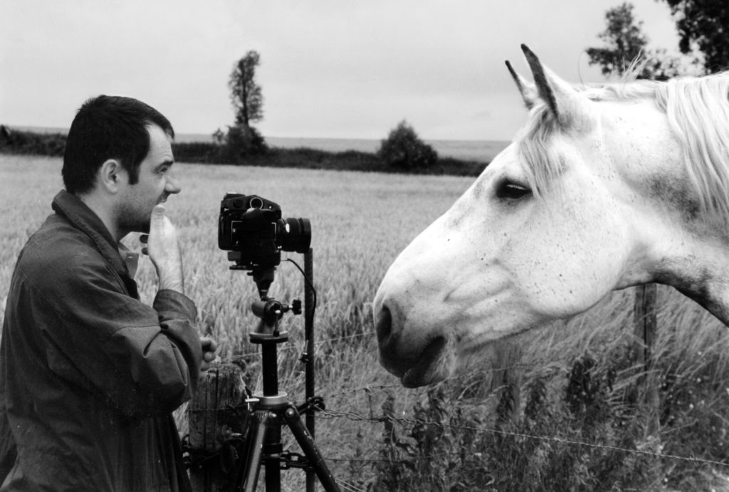 Photographie de Bernard Legon photographiant un cheval gris, campagne, mamiya 645, moyen format, argentique